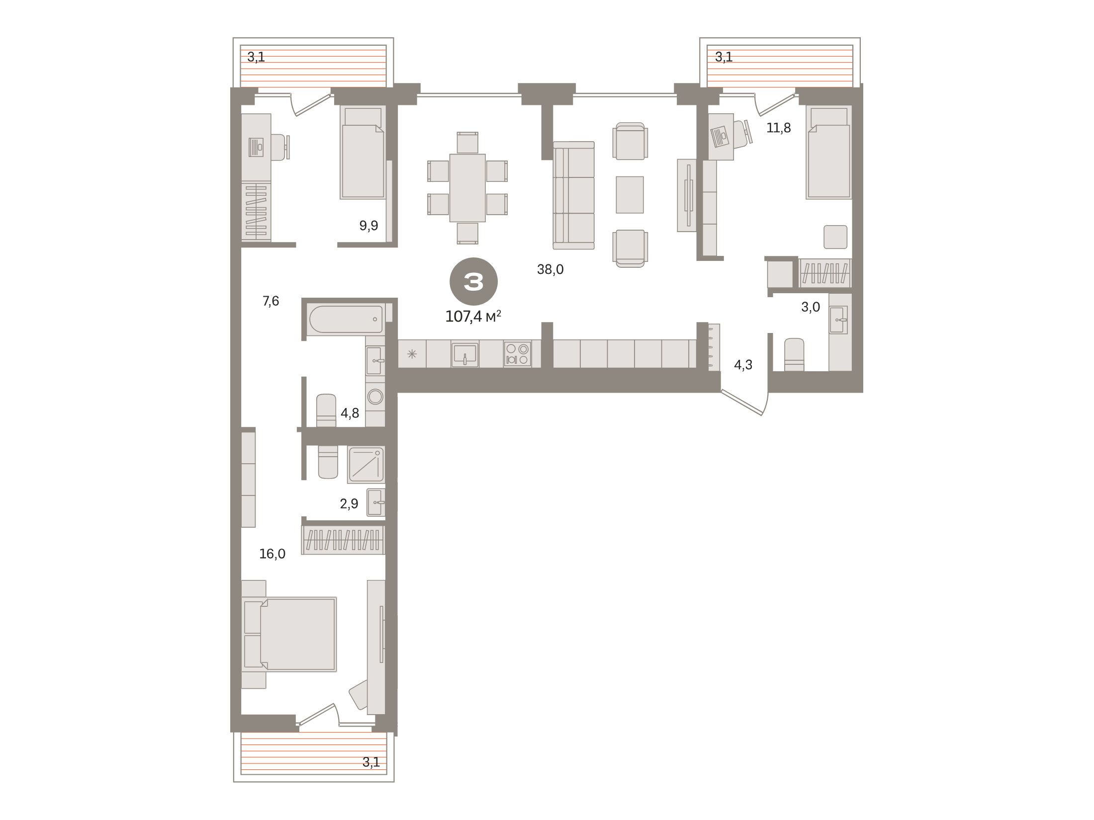 Планировка: 3-комн. квартира 107.30 м² в новостройке Первый квартал