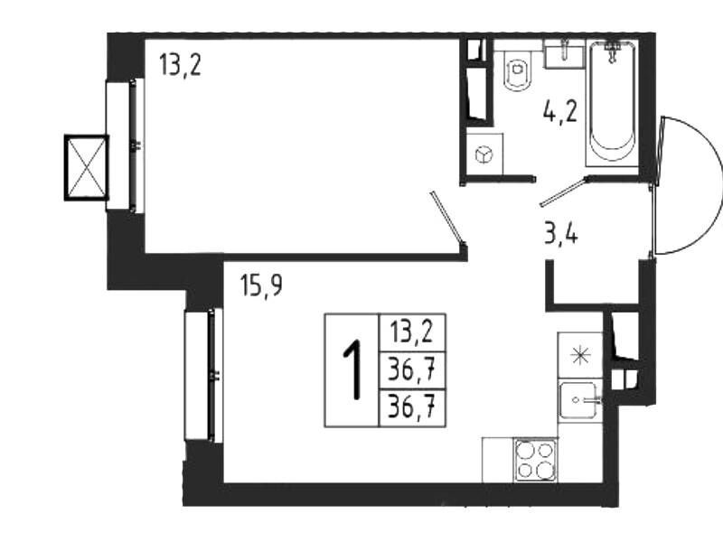 Планировка: 1-комн. квартира 36.70 м² в новостройке Берег