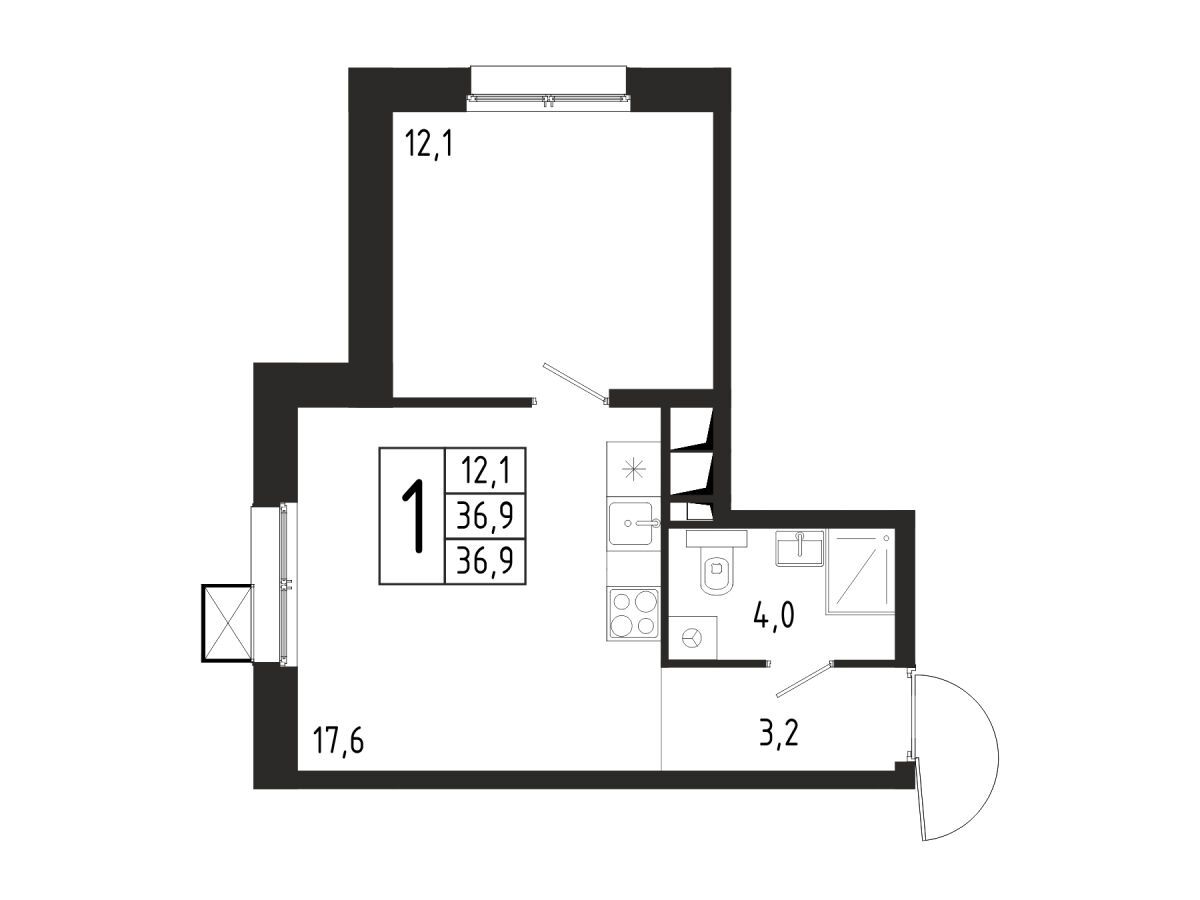 Планировка: 1-комн. квартира 36.90 м² в новостройке Берег