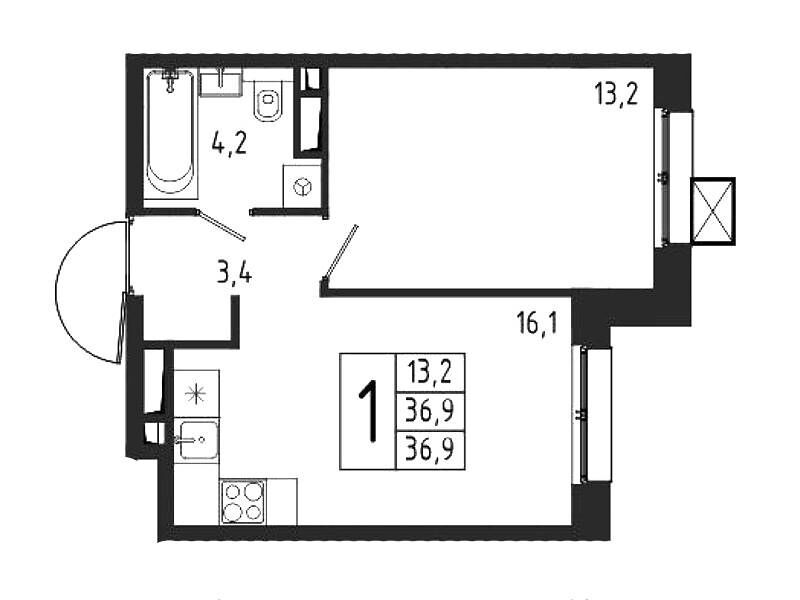 Планировка: 1-комн. квартира 36.90 м² в новостройке Берег