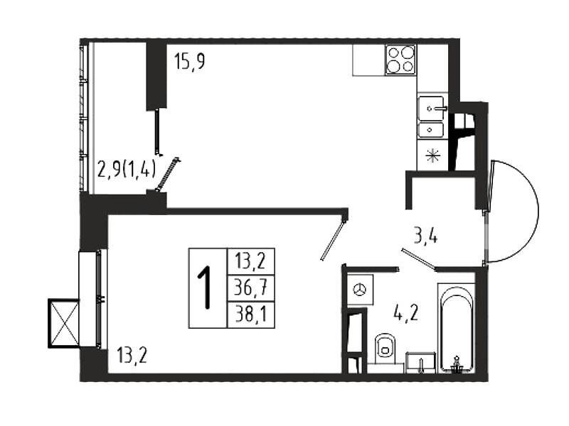 Планировка: 1-комн. квартира 38.10 м² в новостройке Берег