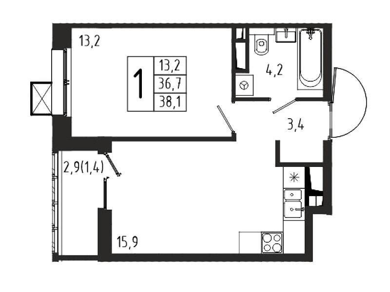 Планировка: 1-комн. квартира 38.10 м² в новостройке Берег