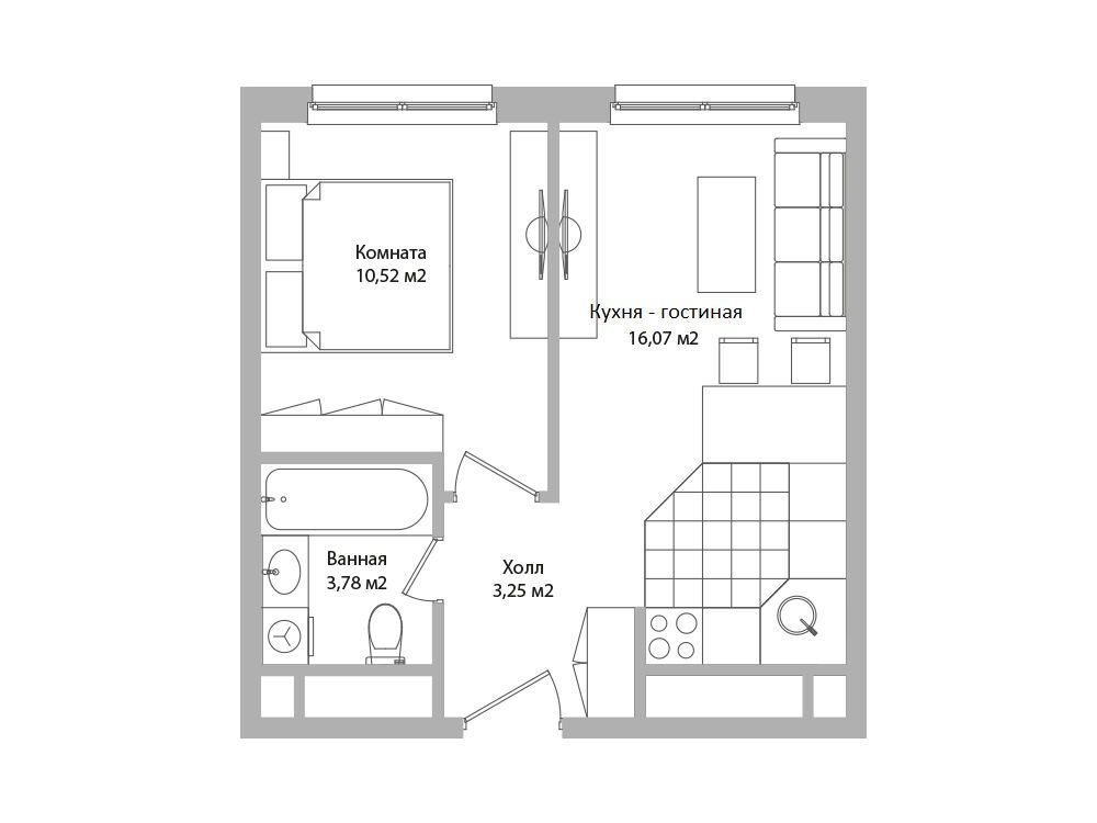 Планировка: 2-комн. квартира 33.60 м² в новостройке Дом Смайл