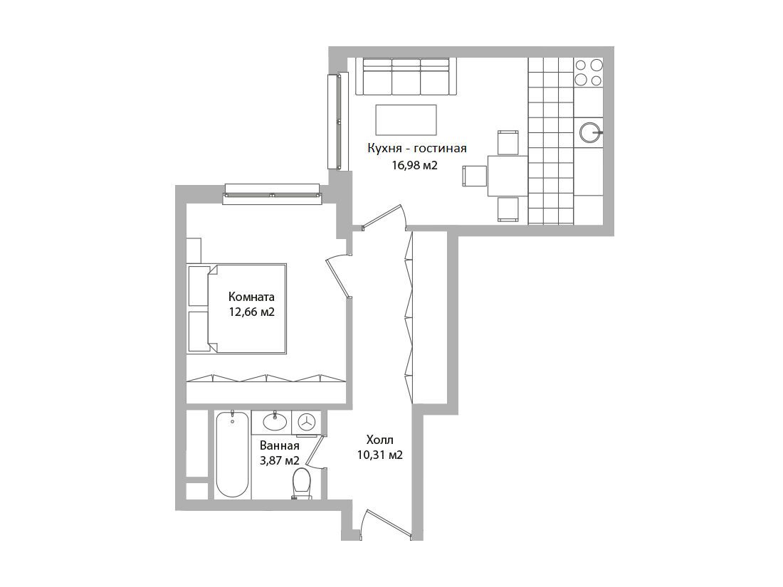 Планировка: 2-комн. квартира 43.80 м² в новостройке Дом Смайл