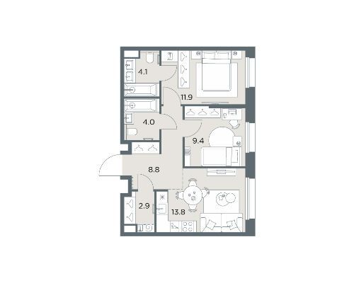 Планировка: 2-комн. квартира 54.90 м² в новостройке Станиславский