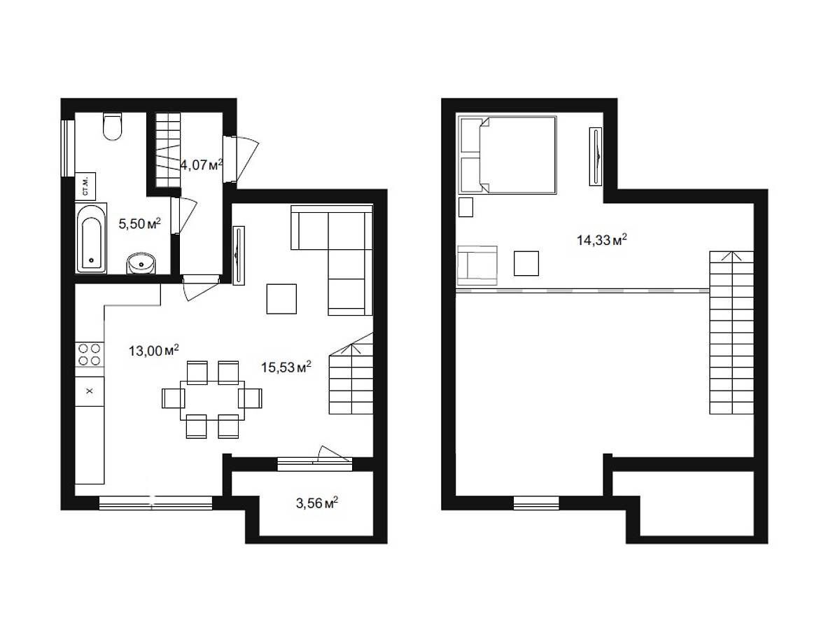 Планировка: 2-комн. квартира 56.49 м² в новостройке Бакеево-Парк