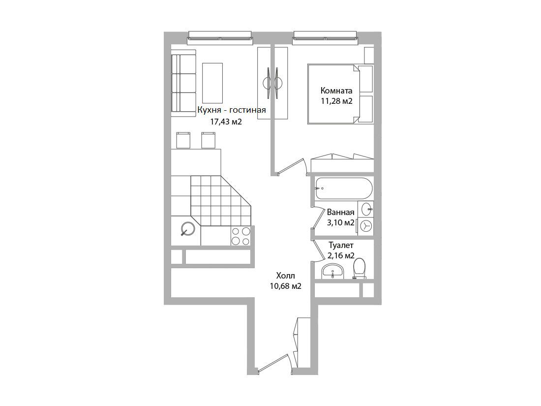 Планировка: 2-комн. квартира 44.70 м² в новостройке Дом Смайл