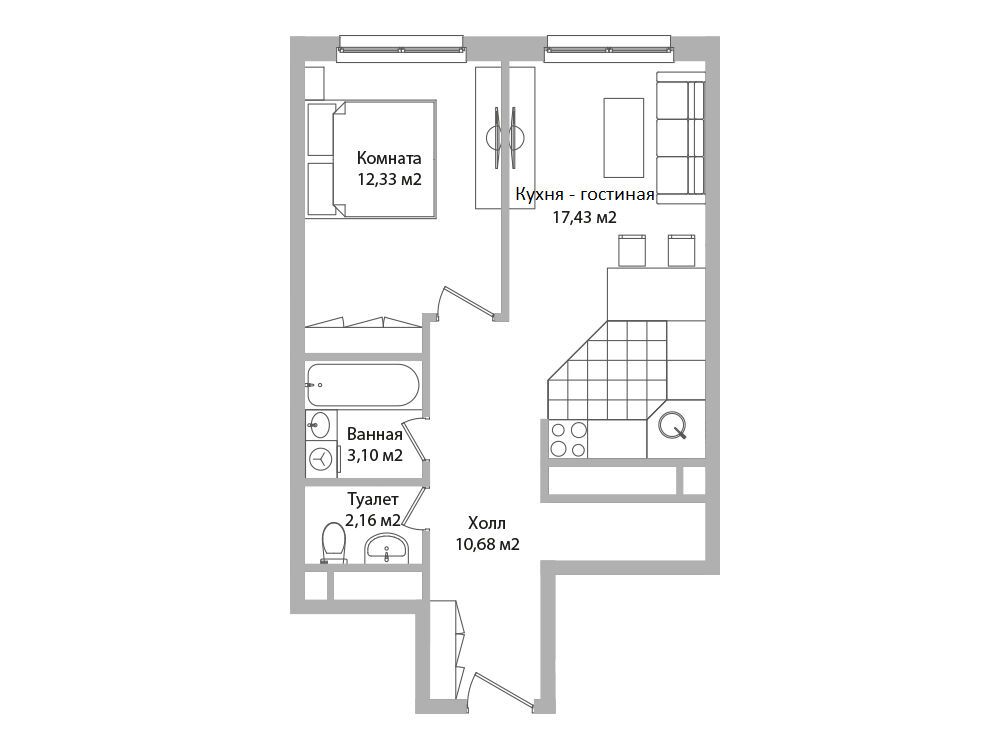 Планировка: 2-комн. квартира 45.70 м² в новостройке Дом Смайл