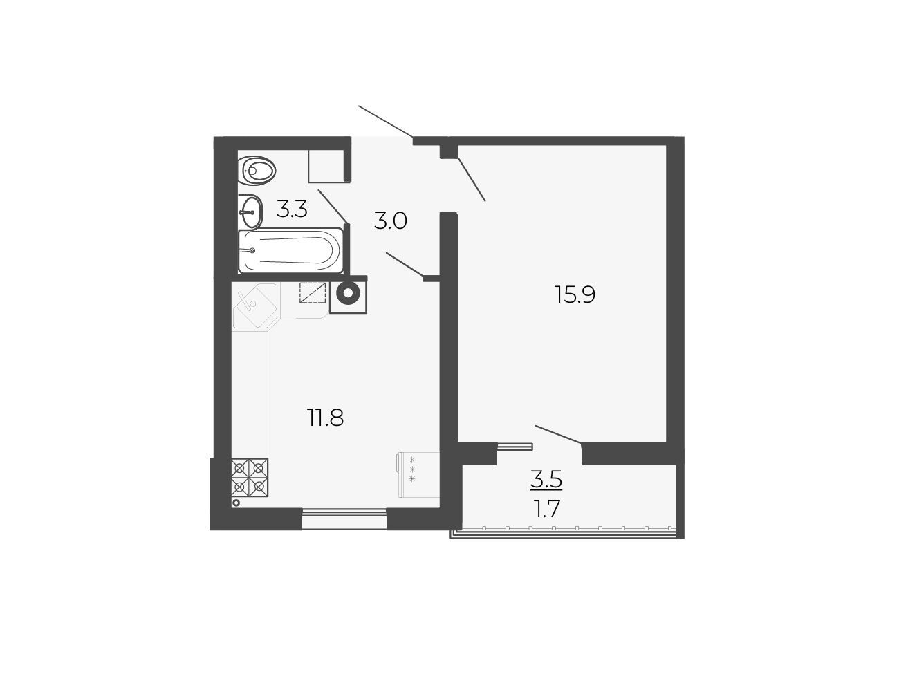 Планировка: 1-комн. квартира 35.70 м² в новостройке Новый Благодар