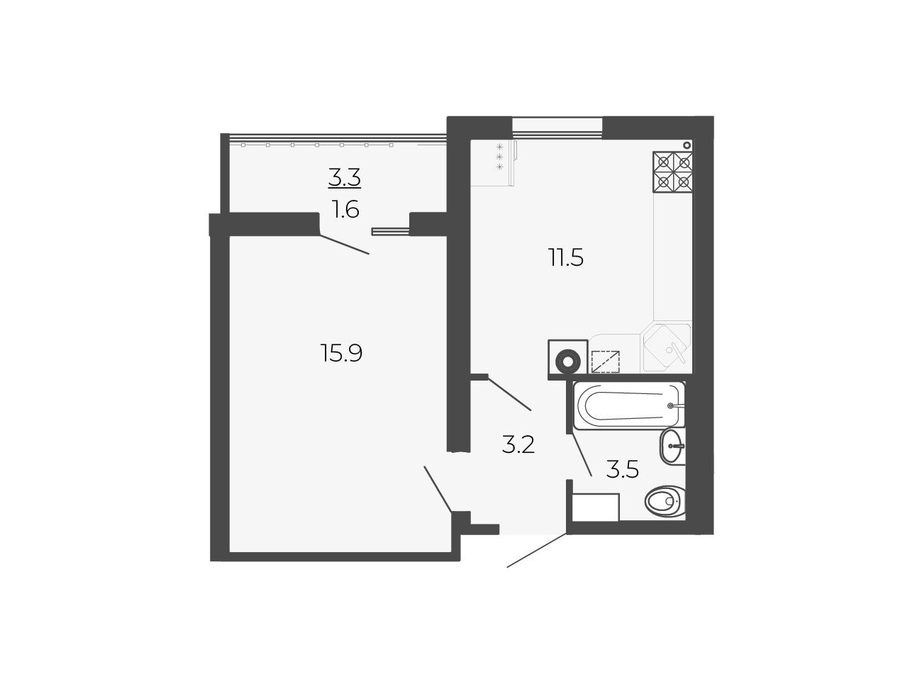 Планировка: 1-комн. квартира 35.70 м² в новостройке Новый Благодар