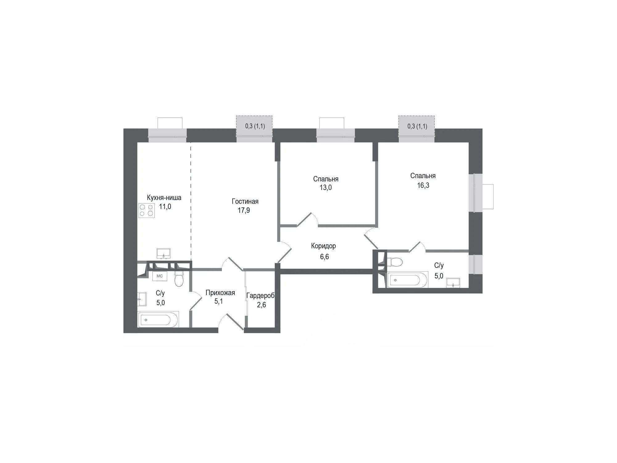 Планировка: 3-комн. квартира 82.50 м² в новостройке ЖК Киноквартал