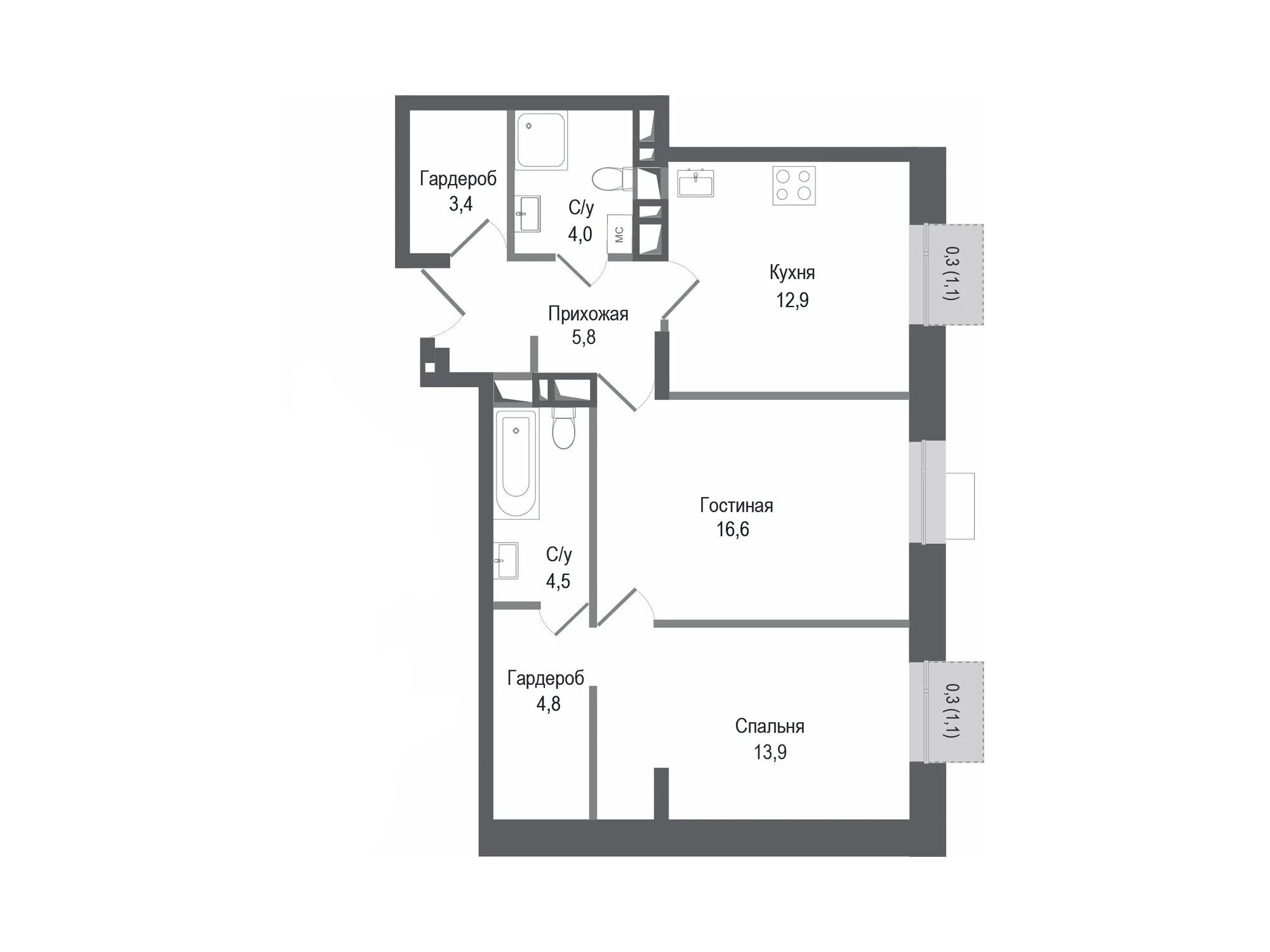 Планировка: 2-комн. квартира 65.90 м² в новостройке ЖК Киноквартал