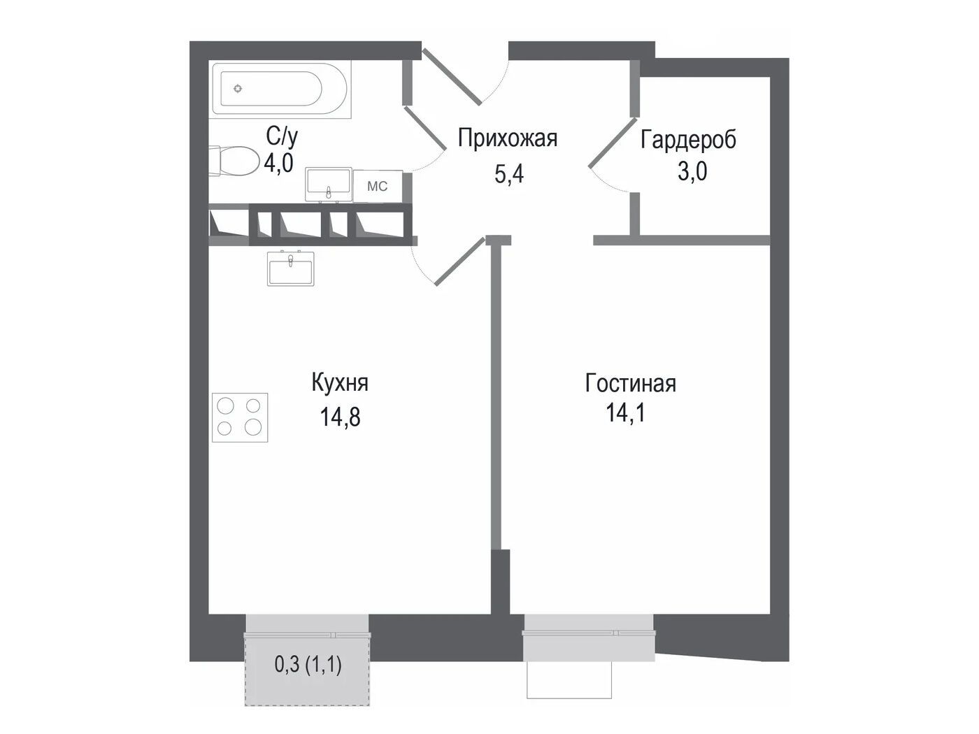 Планировка: 1-комн. квартира 41.30 м² в новостройке ЖК Киноквартал