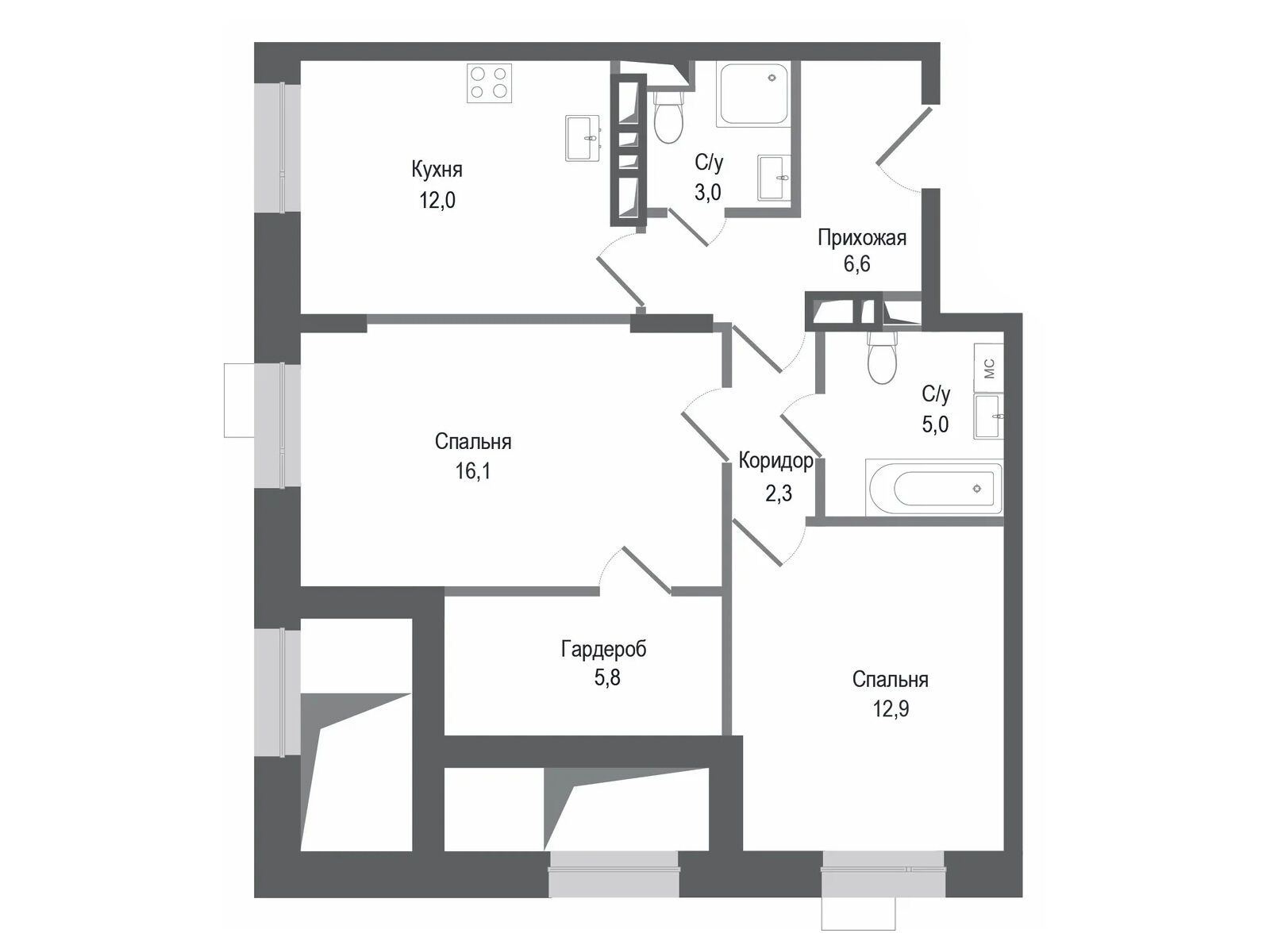 Планировка: 2-комн. квартира 63.70 м² в новостройке ЖК Киноквартал