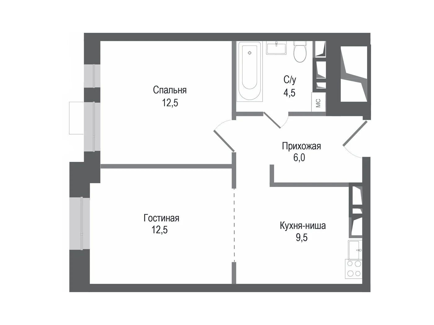 Планировка: 2-комн. квартира 45.00 м² в новостройке ЖК Киноквартал