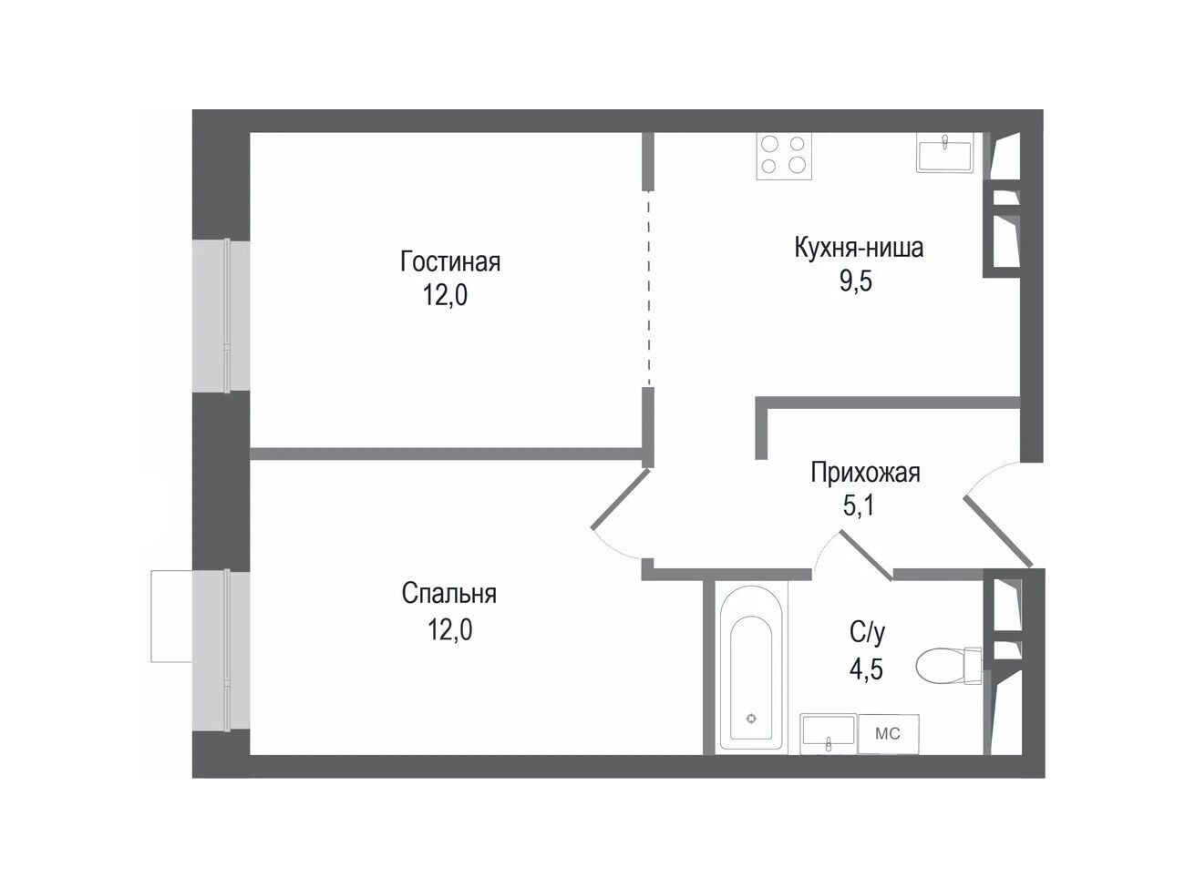 Планировка: 2-комн. квартира 43.10 м² в новостройке ЖК Киноквартал