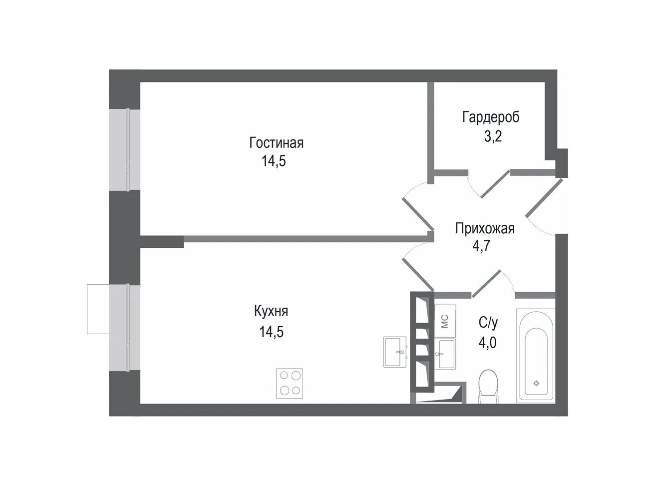 Планировка: 1-комн. квартира 40.90 м² в новостройке ЖК Киноквартал