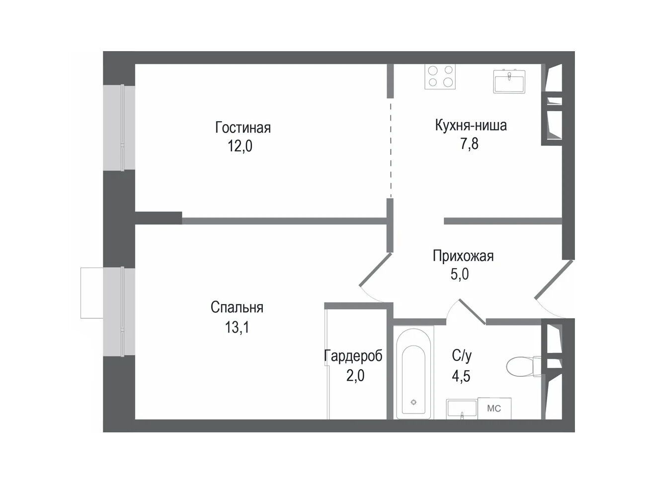 Планировка: 2-комн. квартира 44.40 м² в новостройке ЖК Киноквартал