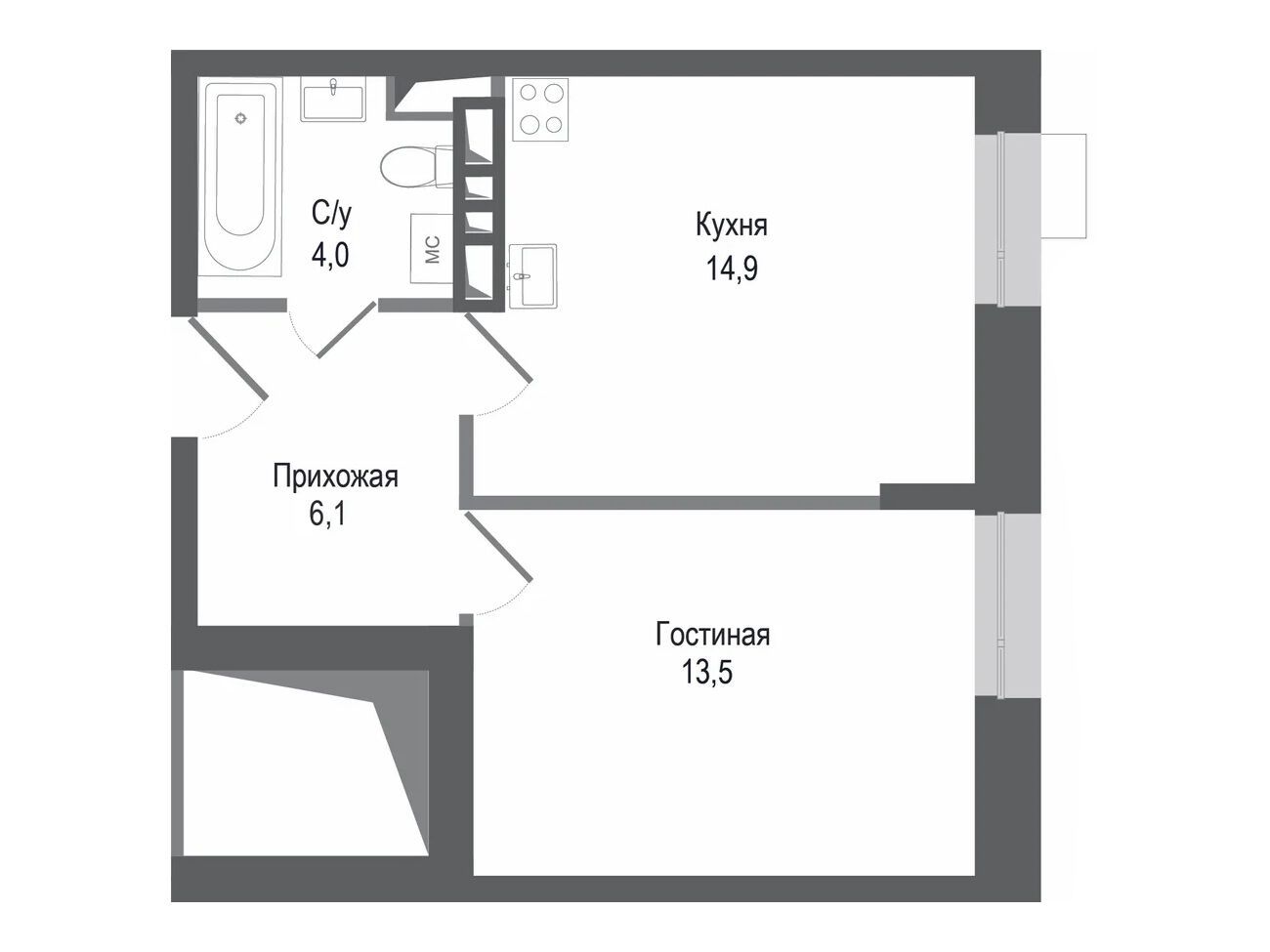 Планировка: 1-комн. квартира 38.50 м² в новостройке ЖК Киноквартал