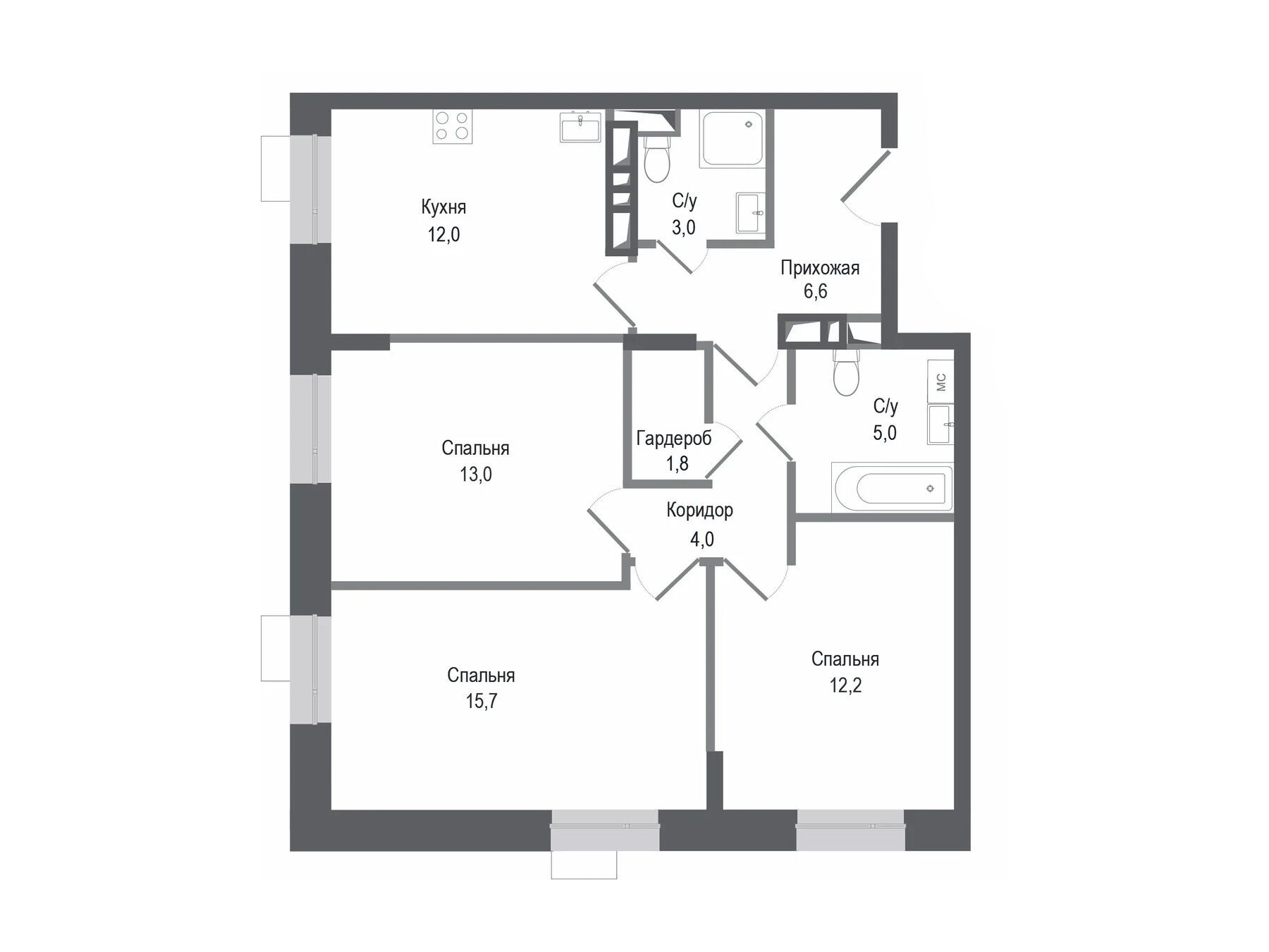 Планировка: 3-комн. квартира 73.30 м² в новостройке ЖК Киноквартал