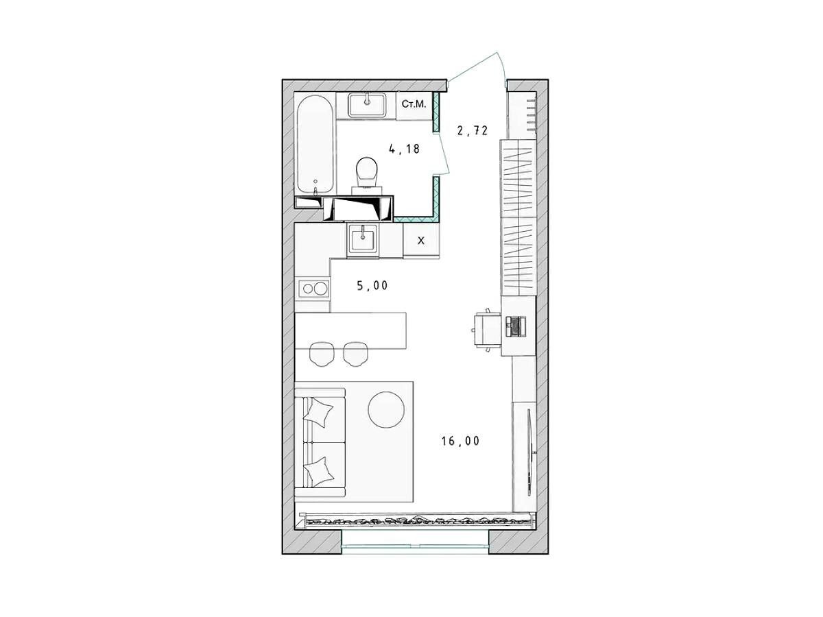 Планировка: Студия 28.00 м² в новостройке Серебро
