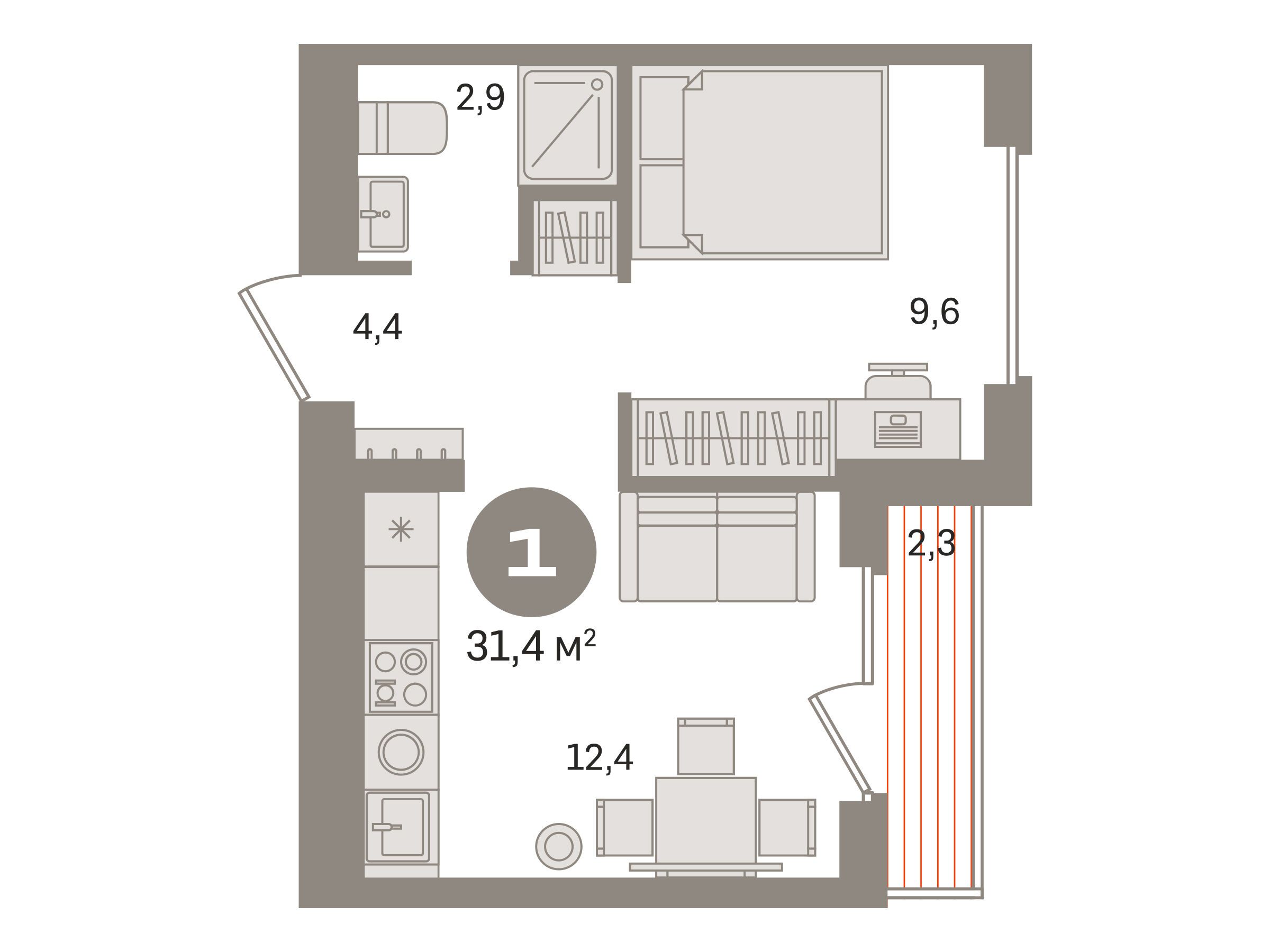 Планировка: 1-комн. квартира 31.40 м² в новостройке Первый квартал