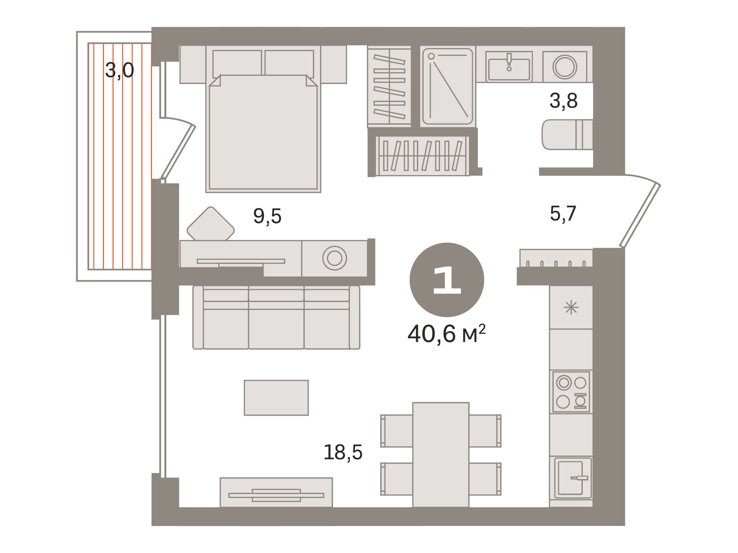Планировка: 1-комн. квартира 40.60 м² в новостройке Первый квартал