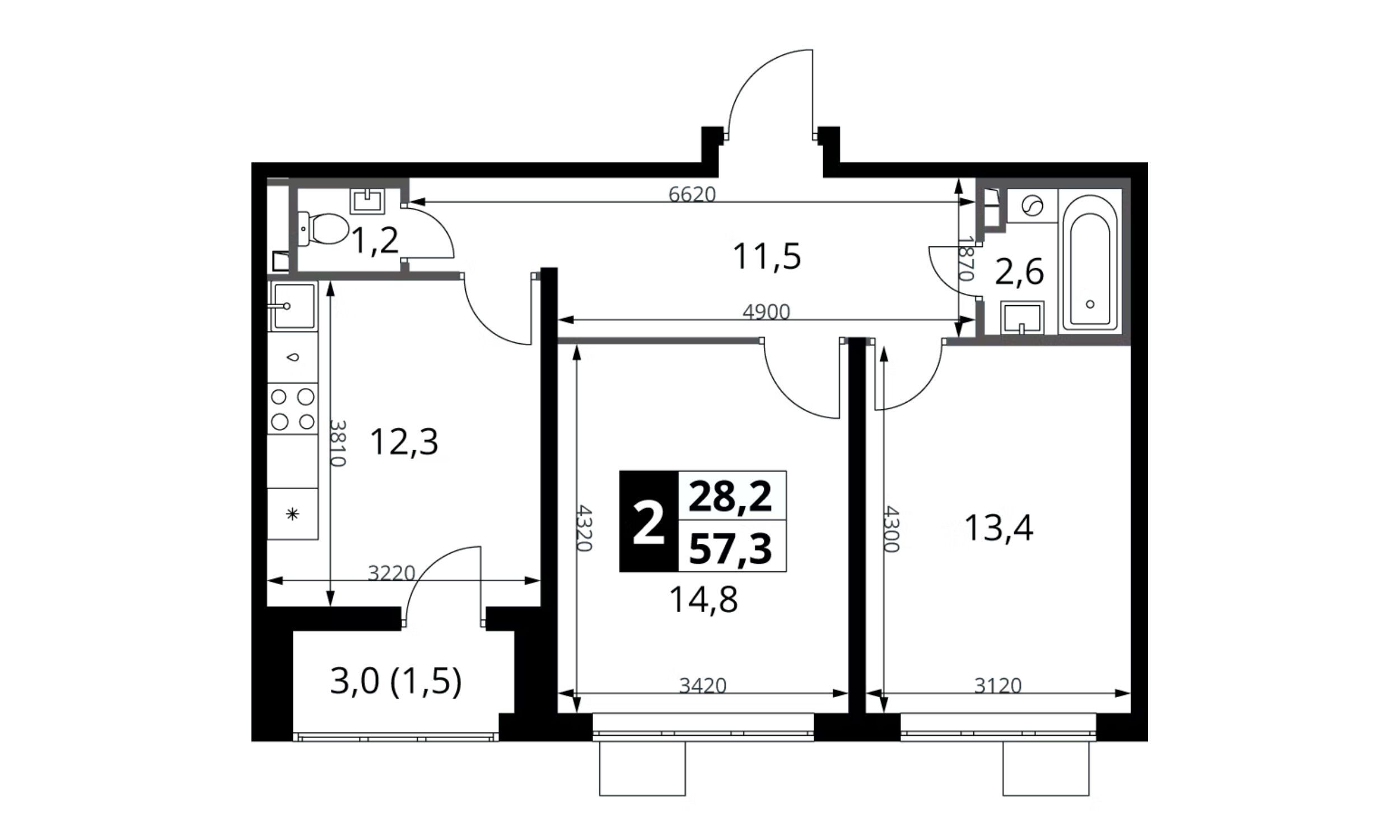 Планировка: 2-комн. квартира 57.30 м² в новостройке 1-й Донской