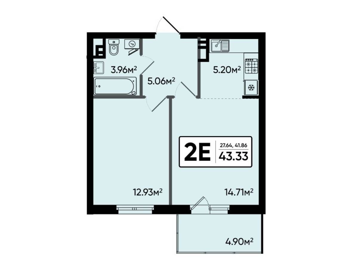 Планировка: 2-комнатная квартира 43.33 м² в новостройке Северный Квартал