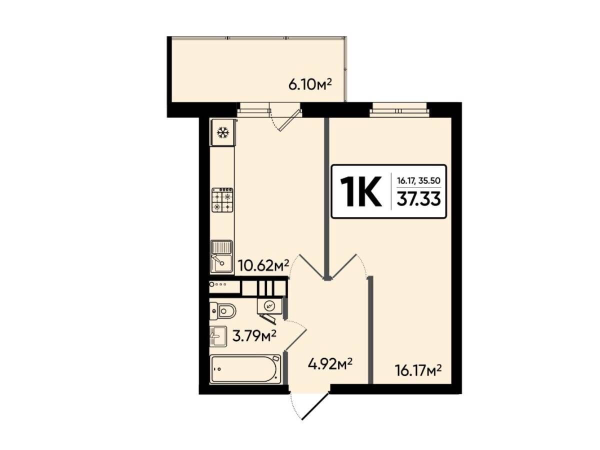 Планировка: 1-комн. квартира 37.33 м² в новостройке Северный Квартал