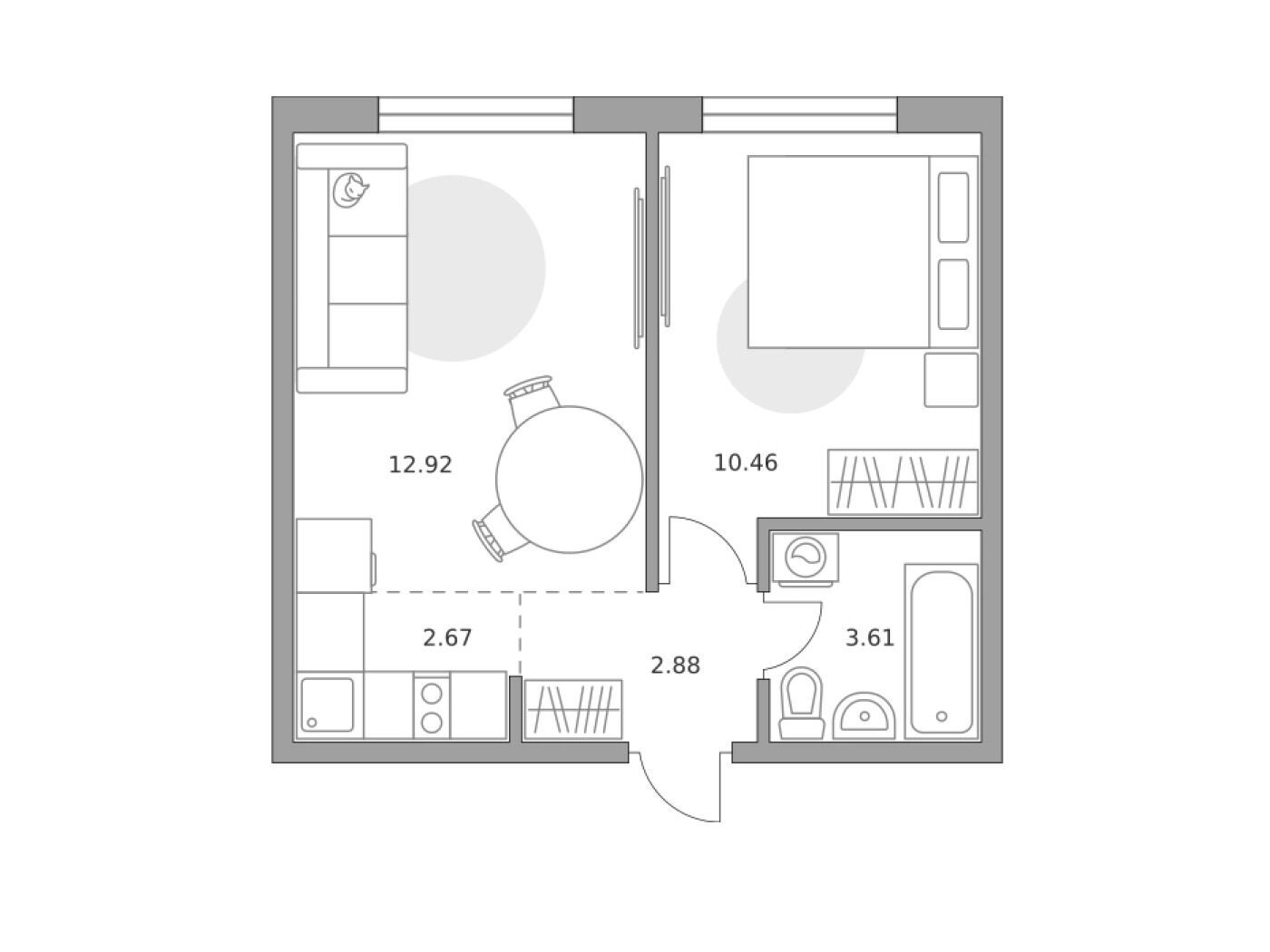 Планировка: 2-комн. квартира 32.54 м² в новостройке Аникеевский