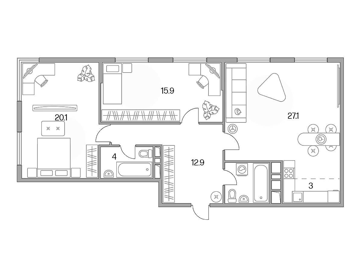 Планировка: 3-комн. квартира 86.60 м² в новостройке Бригантина