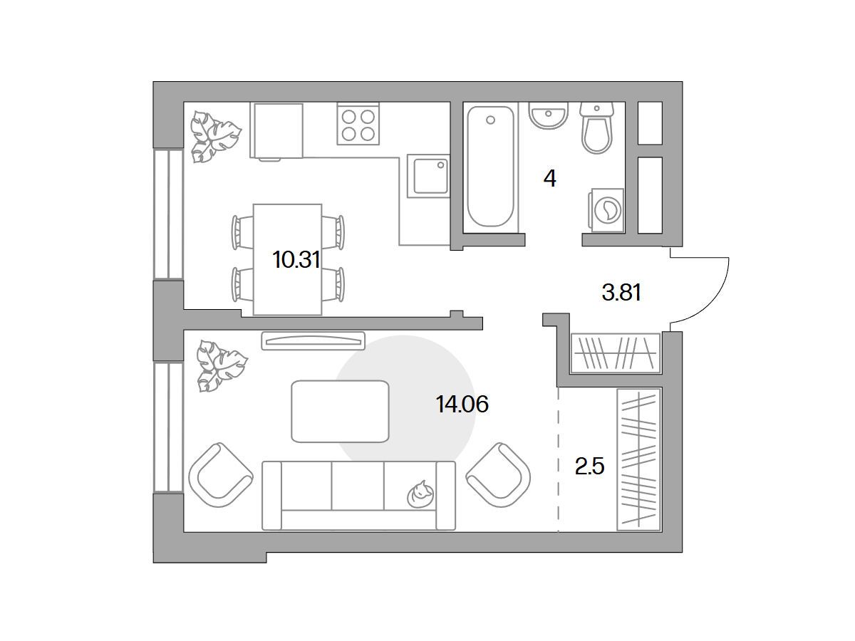 Планировка: 1-комн. квартира 34.68 м² в новостройке ЖК Живописный