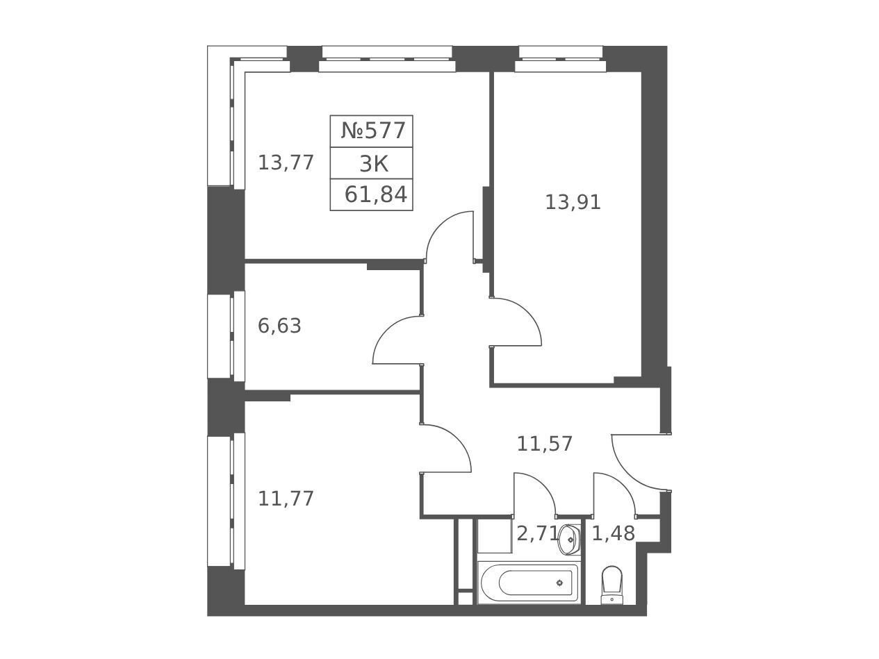 Планировка: 3-комн. квартира 61.84 м² в новостройке Волковская 67