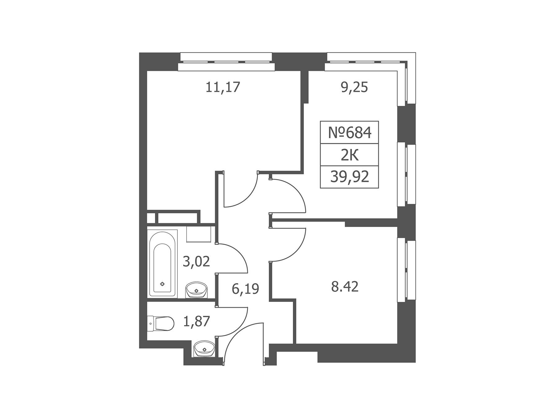 Планировка: 2-комн. квартира 39.92 м² в новостройке Волковская 67