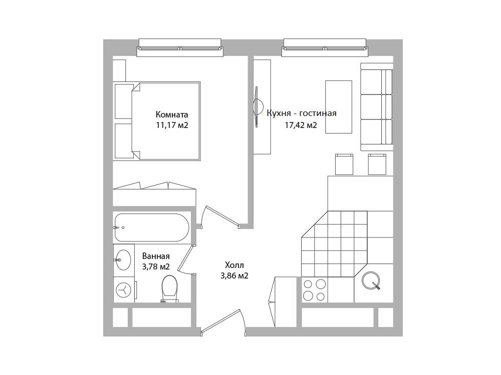 Планировка: 2-комн. квартира 36.20 м² в новостройке Дом Смайл