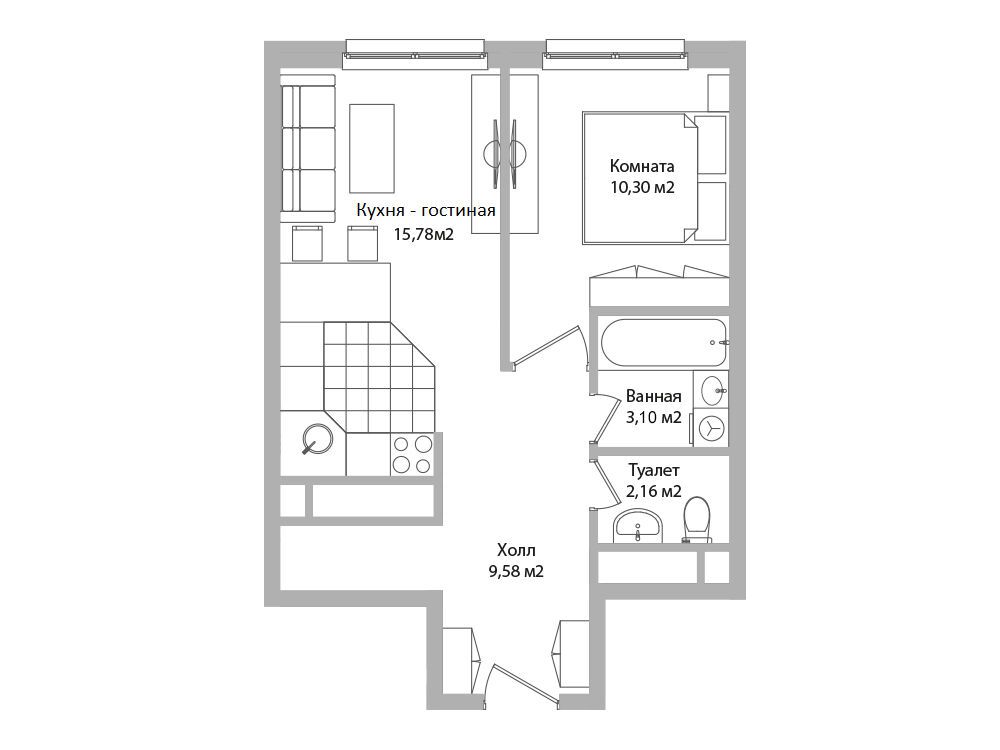 Планировка: 2-комн. квартира 40.90 м² в новостройке Дом Смайл