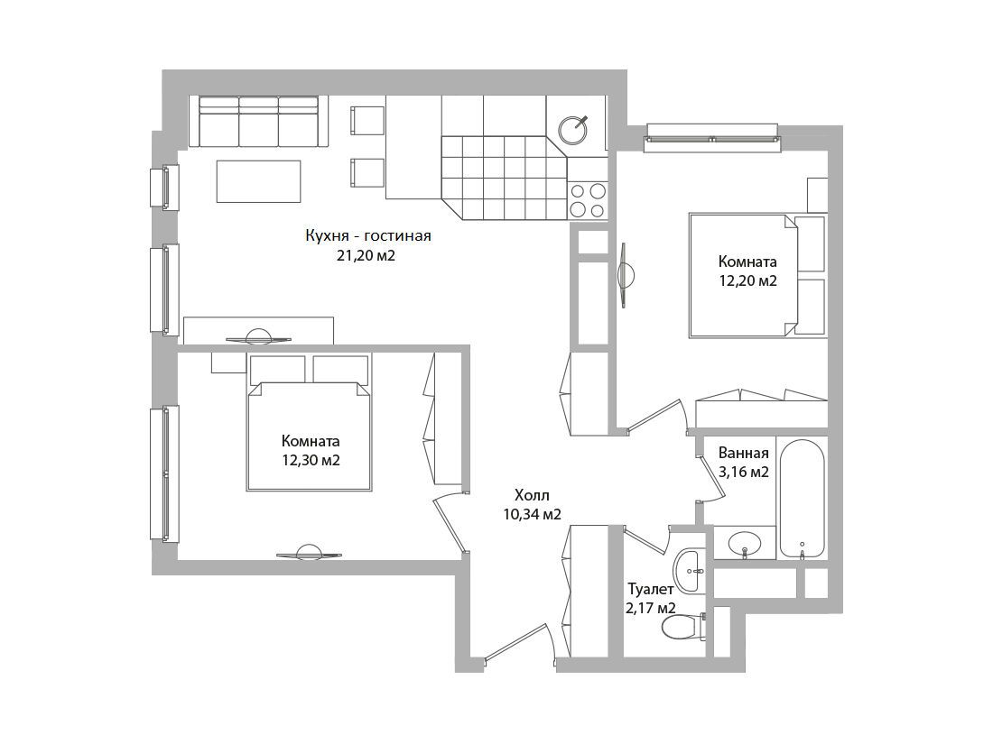 Планировка: 3-комн. квартира 61.40 м² в новостройке Дом Смайл