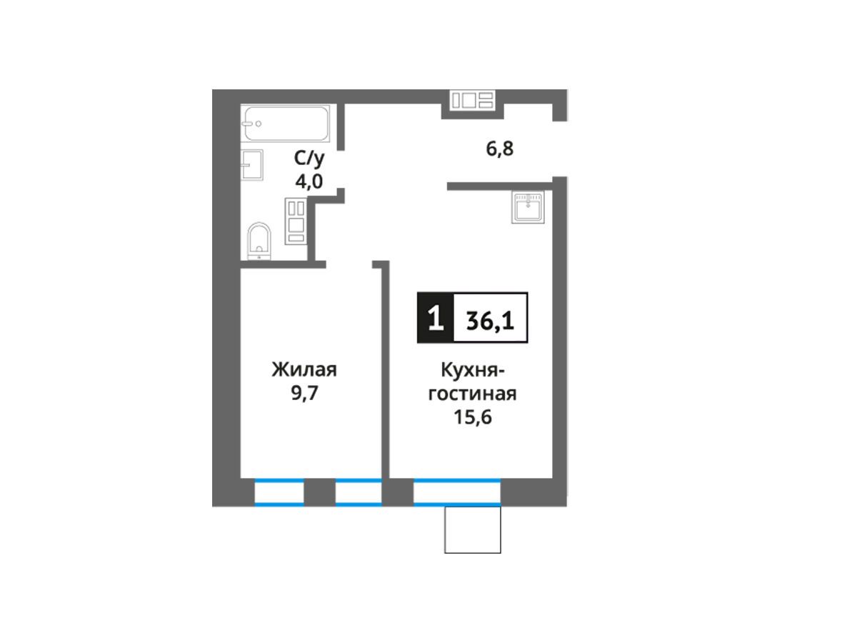 Планировка: 1-комн. квартира 36.10 м² в новостройке Никольский квартал Отрада