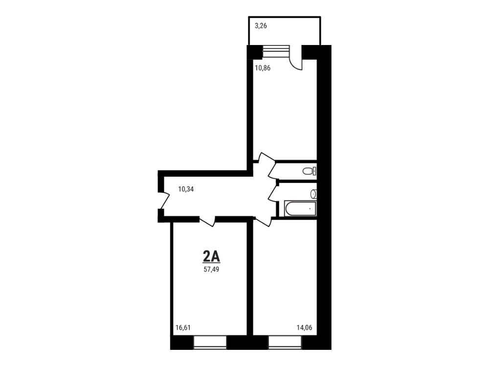 Планировка: 2-комн. квартира 57.49 м² в новостройке Дружный
