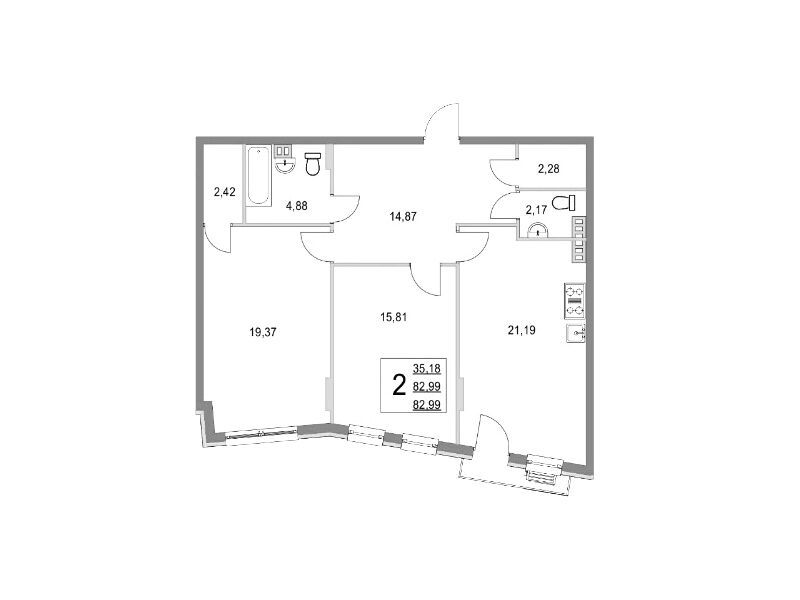 Планировка: 3-комн. квартира 82.90 м² в новостройке Эльйон