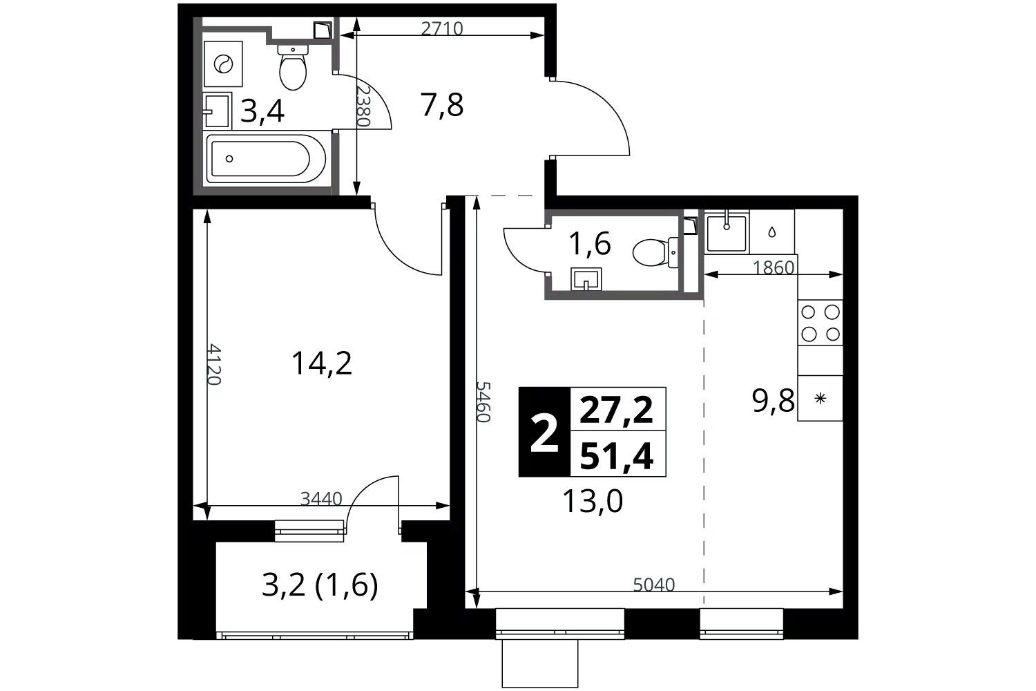 Планировка: 2-комн. квартира 51.40 м² в новостройке 1-й Донской