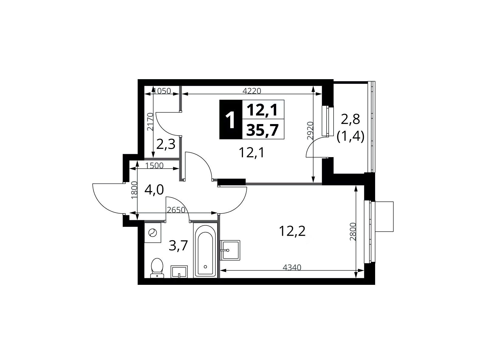 Планировка: 1-комн. квартира 35.70 м² в новостройке 1-й Донской