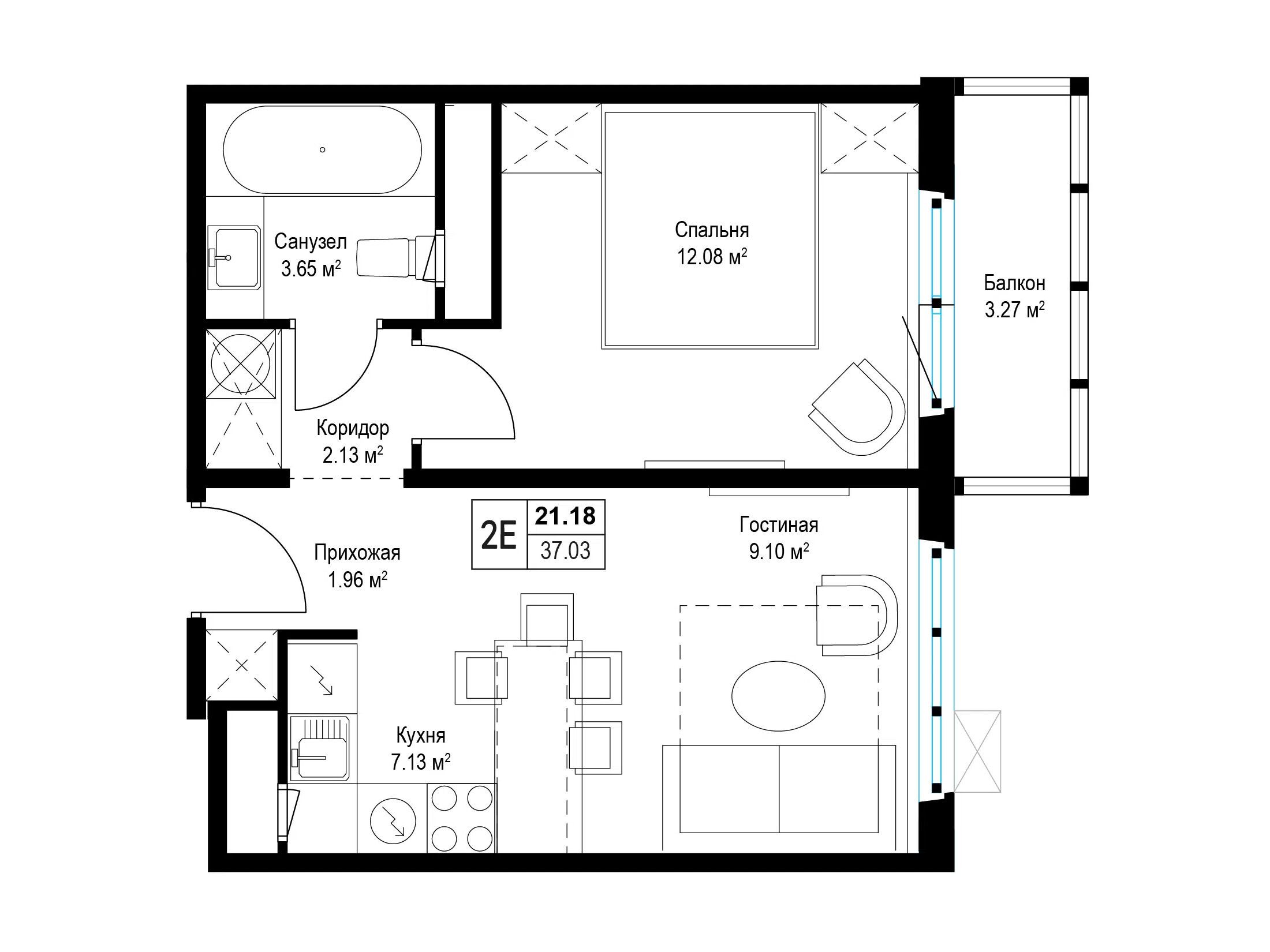 Планировка: 1-комн. квартира 36.90 м² в новостройке У реки Эко Видное 2