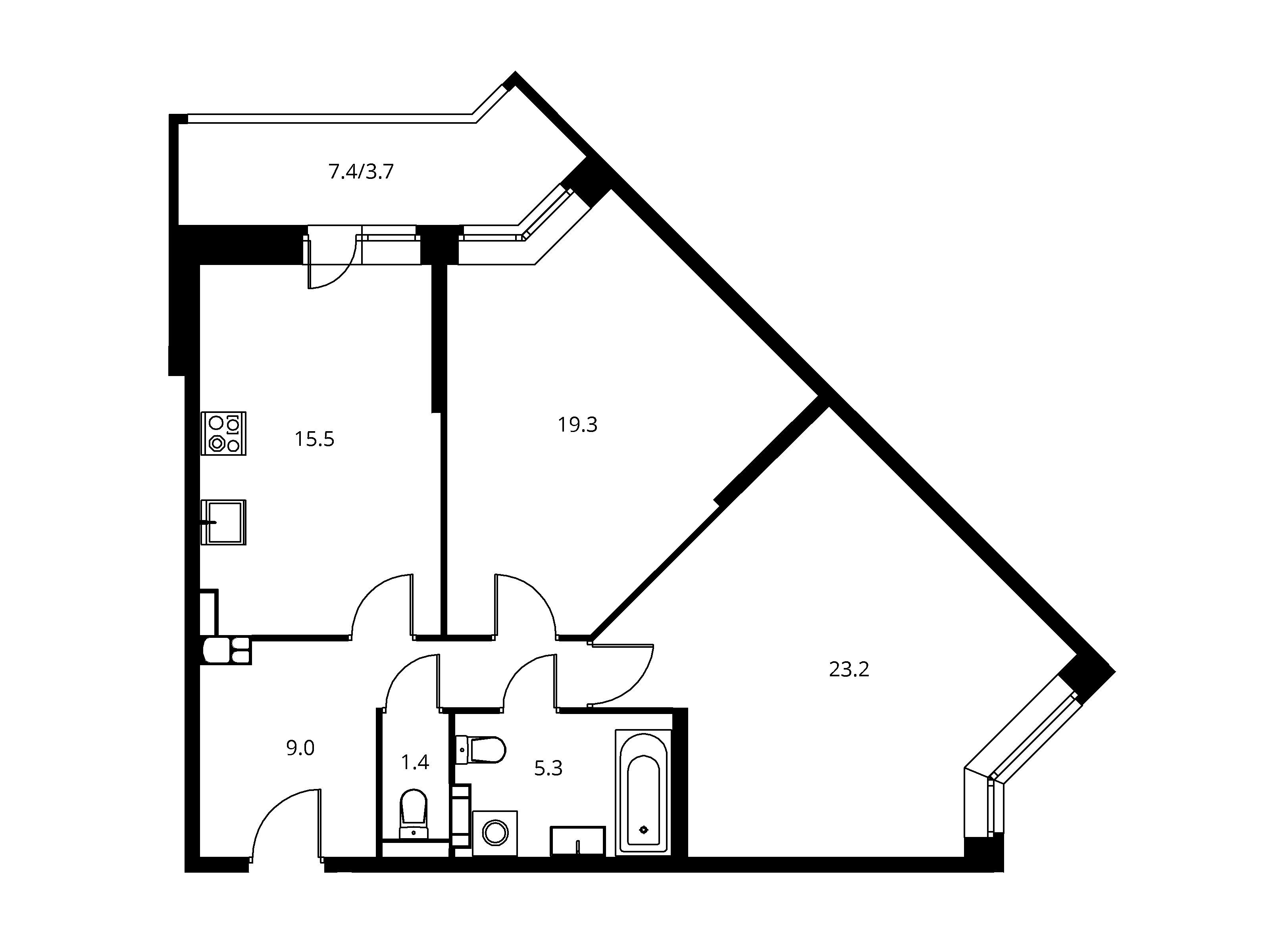 Планировка: 2-комн. квартира 77.29 м² в новостройке Солнечный Парк