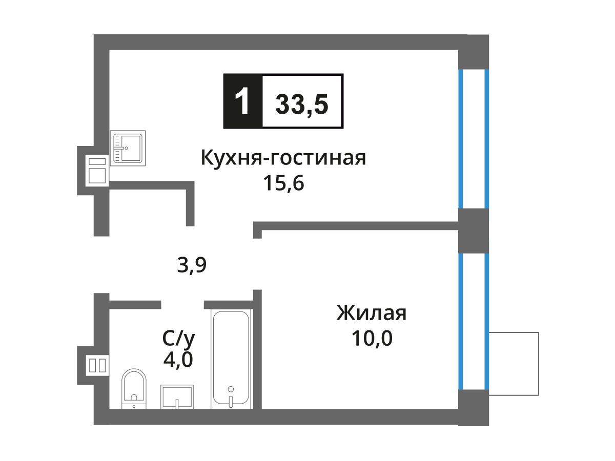Планировка: 1-комн. квартира 33.50 м² в новостройке Лесная Отрада