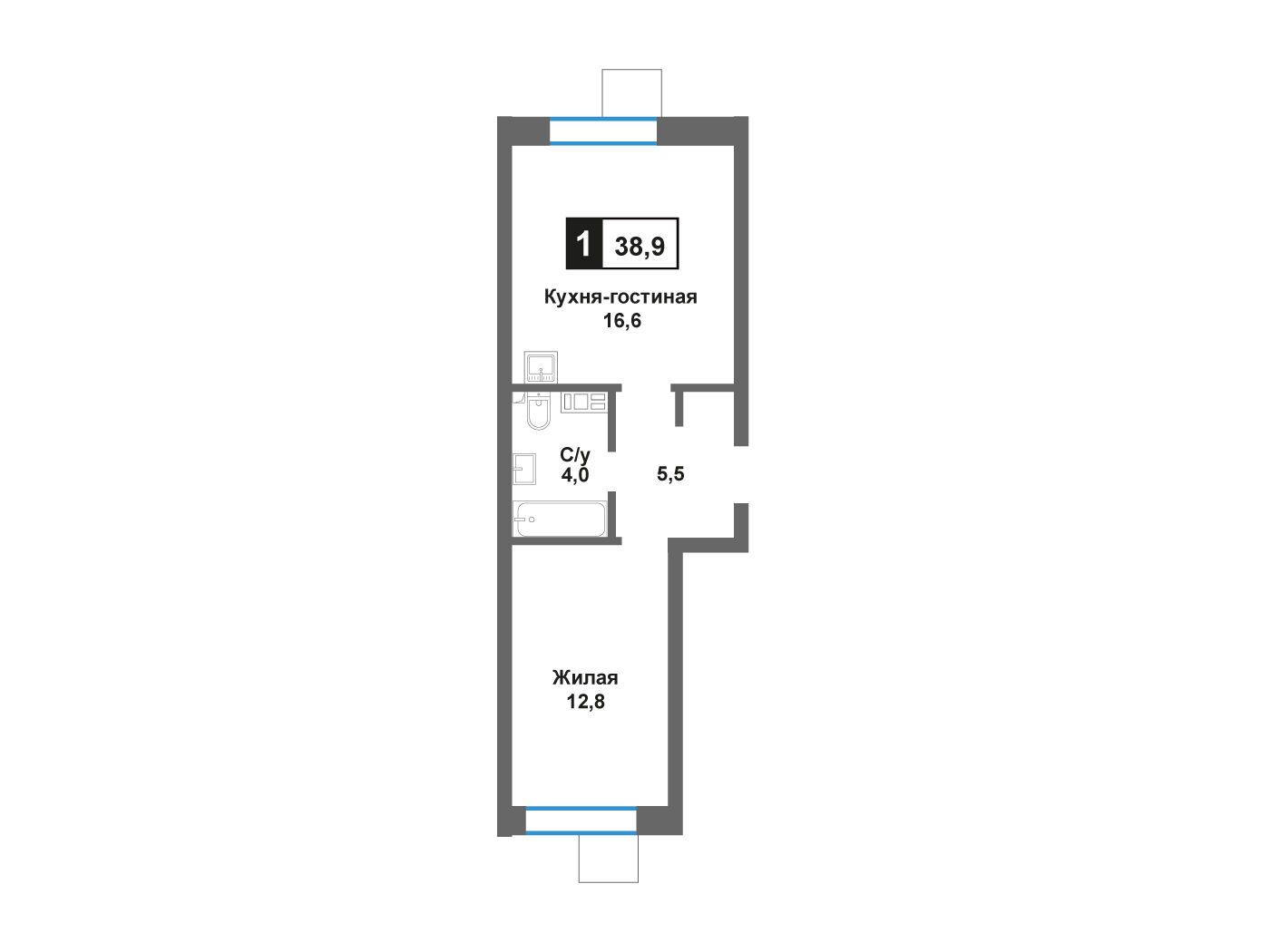 Планировка: 1-комн. квартира 38.90 м² в новостройке Лесная Отрада