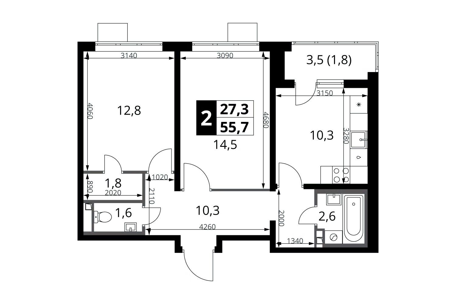 Планировка: 2-комн. квартира 55.70 м² в новостройке 1-й Донской