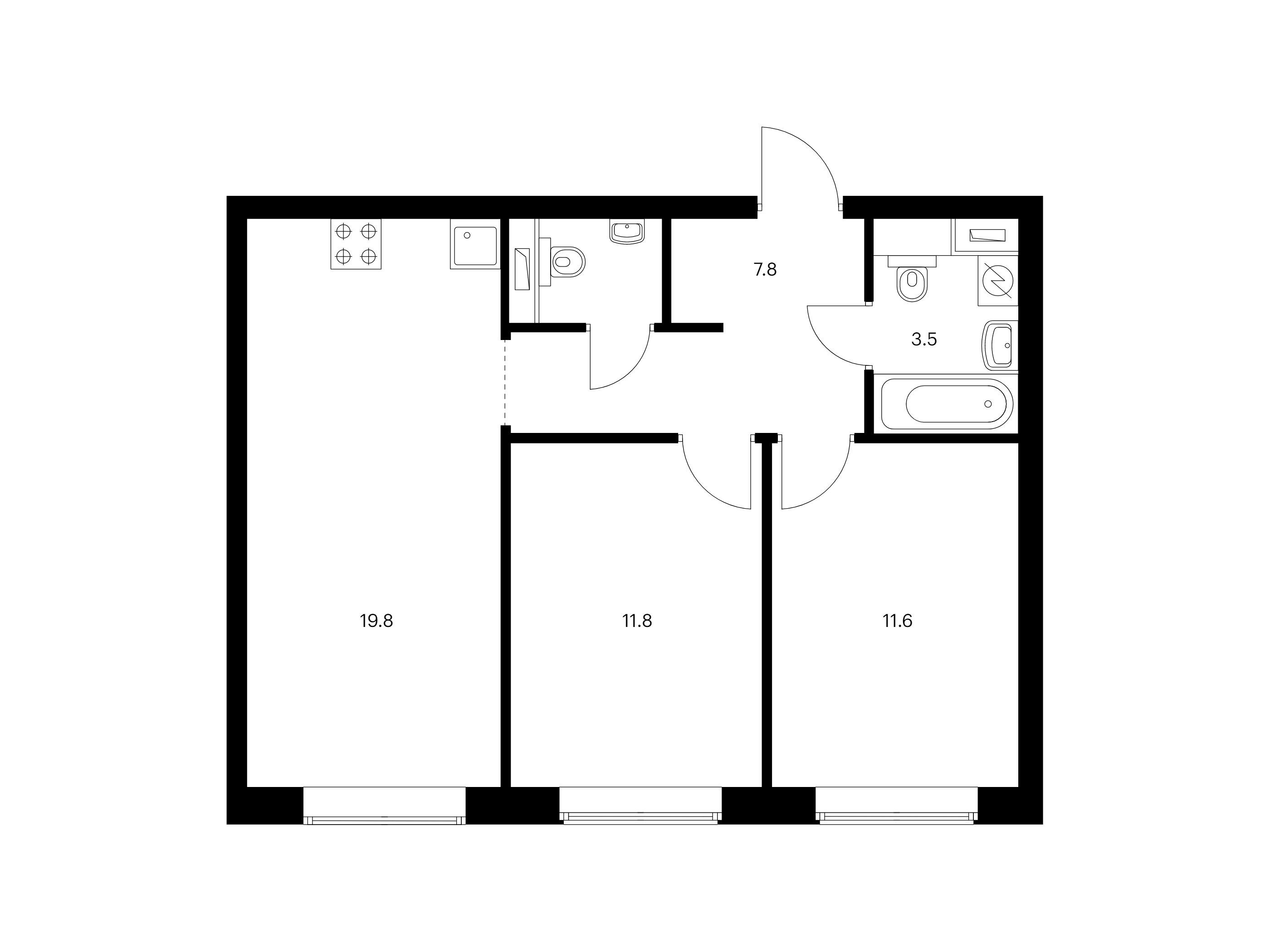 Планировка: 2-комн. квартира 56.30 м² в новостройке Полар
