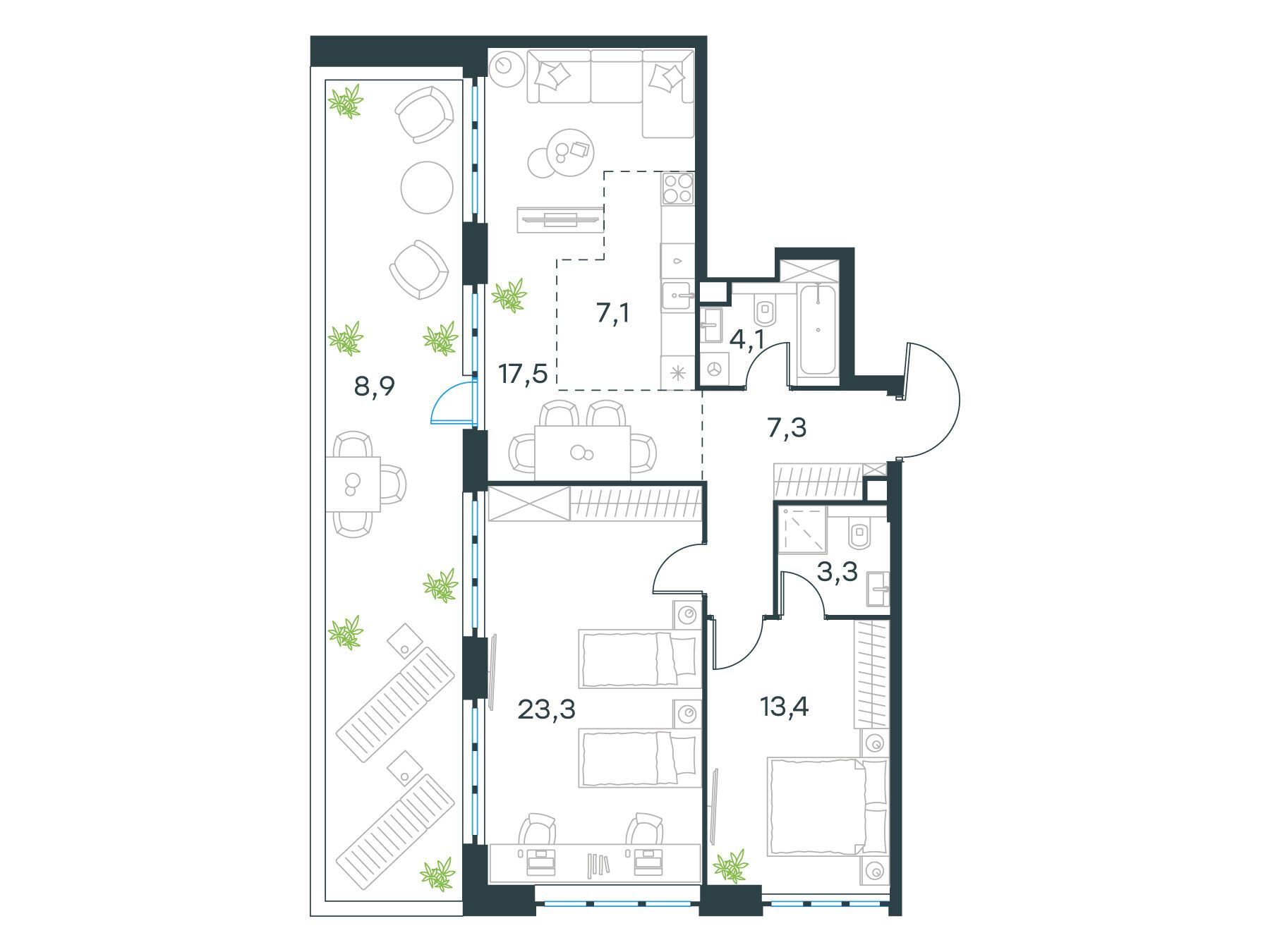 Планировка: 3-комн. квартира 84.90 м² в новостройке Левел Южнопортовая